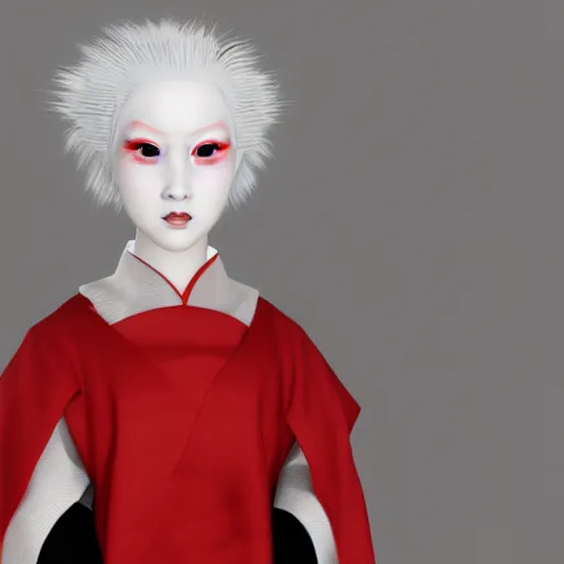Prompt: young albino kitsune maiko in the style of hiroaki samura, unreal engine octane, red highlights, portrait,detailed,
