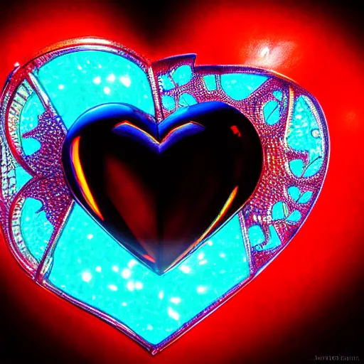 Image similar to a chrome carved heart, glowing gemstone, red light, intricate artwork, graphic style of Patrick Gleason very coherent symmetrical artwork, depth of field, bokeh