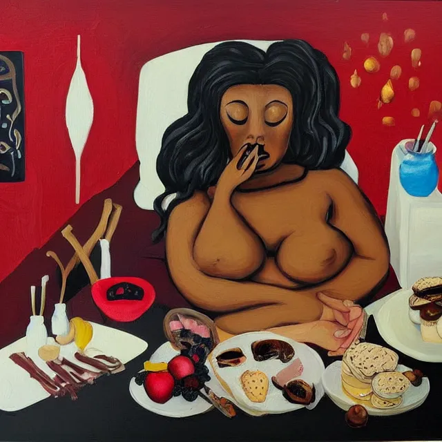 Image similar to sensual, a portrait in a female art student's bedroom, black walls, a woman sitting on a bed made of pancakes, honey dripping, berries dripping, chocolate, surgical supplies, ikebana, octopus, neo - expressionism, surrealism, acrylic and spray paint and oilstick on canvas