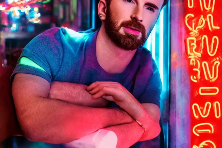 Image similar to chris evans, posing for the camera, neon lighting, closeup!!!!!!, macro!!!!!!, 3 5 mm!!!!!! lens, comprehensive art, neon!!!!!! atmosphere, intricately detailed, indistinguishably unique, 4 k, 8 k, detailed facial features
