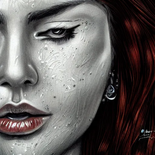 Prompt: detailed illustration close up of a crying pretty woman, highly detailed, realistic, trending on art station