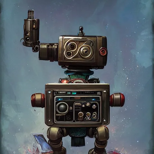 Image similar to robot [ thing ], holding a boombox, holding a bomb, tiny, small, short, cute and adorable, pretty, beautiful, dnd character art portrait, matte fantasy painting, deviantart artstation, by jason felix by steve argyle by tyler jacobson by peter mohrbacher, cinema