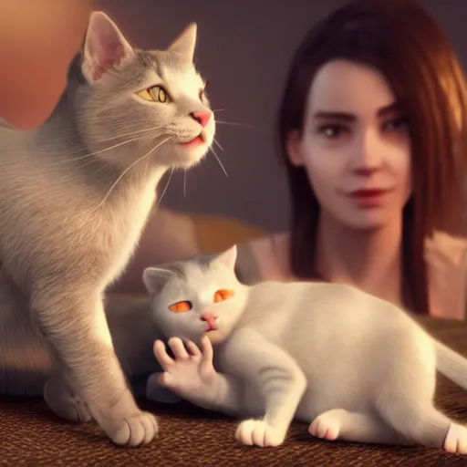 Image similar to 2 cats hold a baby human, cinematic, unreal engine, high quality, detailed