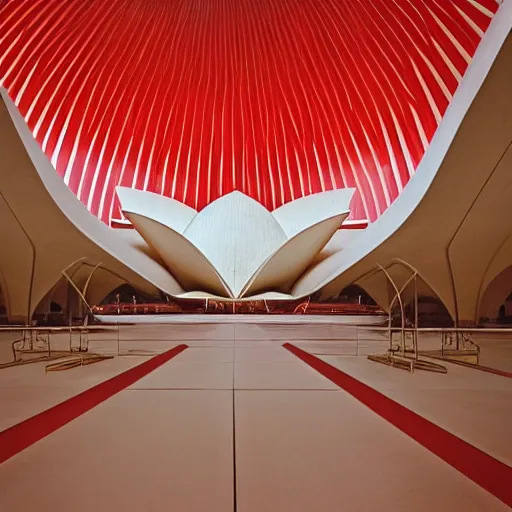 Image similar to interior of a futuristic lotus temple with gold, red and white marble panels, in the desert, by buckminster fuller and syd mead, intricate contemporary architecture, photo journalism, photography, cinematic, national geographic photoshoot