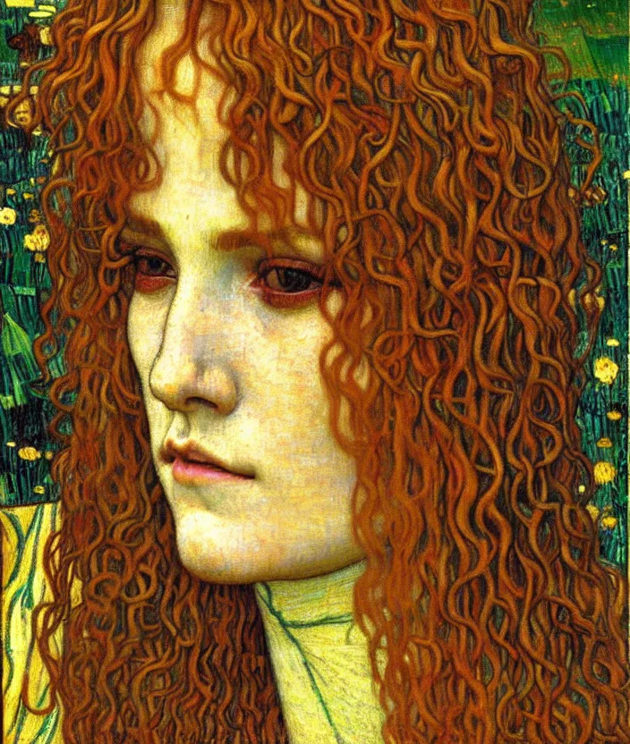 Image similar to detailed realistic beautiful young medieval queen face portrait by jean delville, gustav klimt and vincent van gogh, art nouveau, symbolist, visionary, gothic, pre - raphaelite, muted earthy colors, desaturated