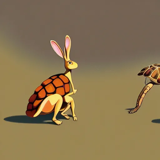 Prompt: goro fujita ilustration of a hare and a tortoise in a race in an olympic stadium, painting by goro fujita, sharp focus, highly detailed, artstation