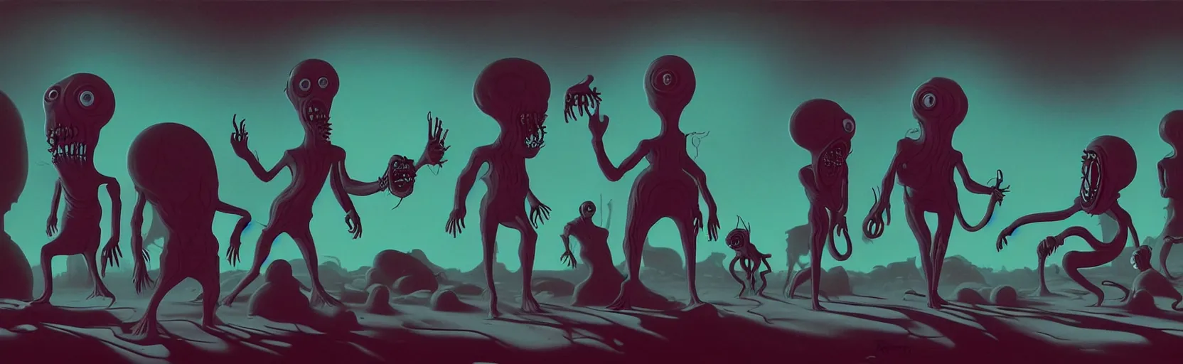 Image similar to uncanny repressed mutants from the depths of a vast wasteland in the collective unconscious, dramatic lighting, surreal dark 1 9 3 0 s fleischer cartoon characters, surreal painting by ronny khalil