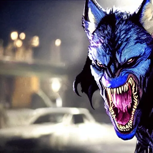 Prompt: a werewolf with a blue venom symbiote, movie still