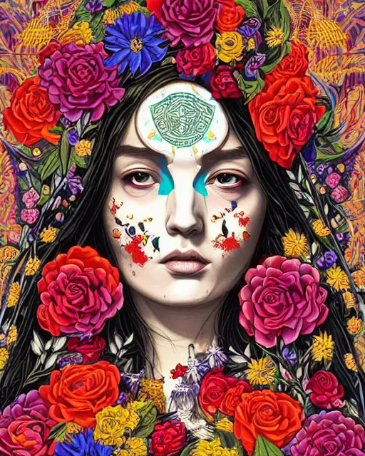 Image similar to floral priestess portrait adorned with decorative flowers and magma, tristan eaton, james jean, dan mumford