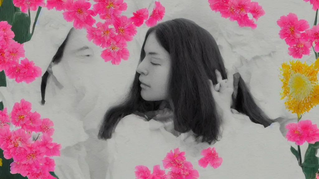 Image similar to close - up of a woman in a small group of people, a flower viewing picnic sakura, japan, a collage painting, in the style of wes anderson, lola dupre, david hockney, isolated on negative white space background dark monochrome neon fluorescent spraypaint accents volumetric octane render