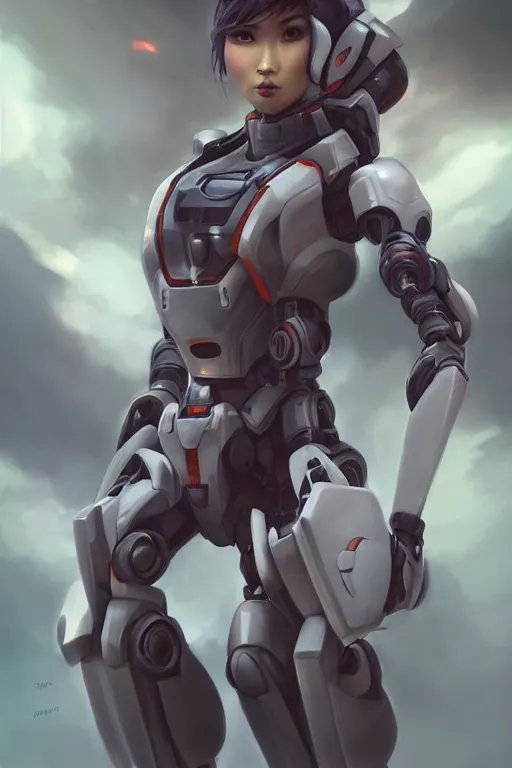Prompt: a young attractive Asian woman piloting a mecha, in the style of Artgerm and Tom Bagshaw