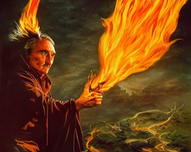 Image similar to dennis hopper as a powerful fire mage casting a flame spell, fantasy art, extremely detailed, high quality, award - winning,