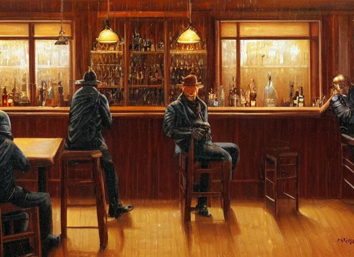 Image similar to a painting of two men sitting at bar during a blizzard by Michael Whelan, dim lighting, ominous tone.