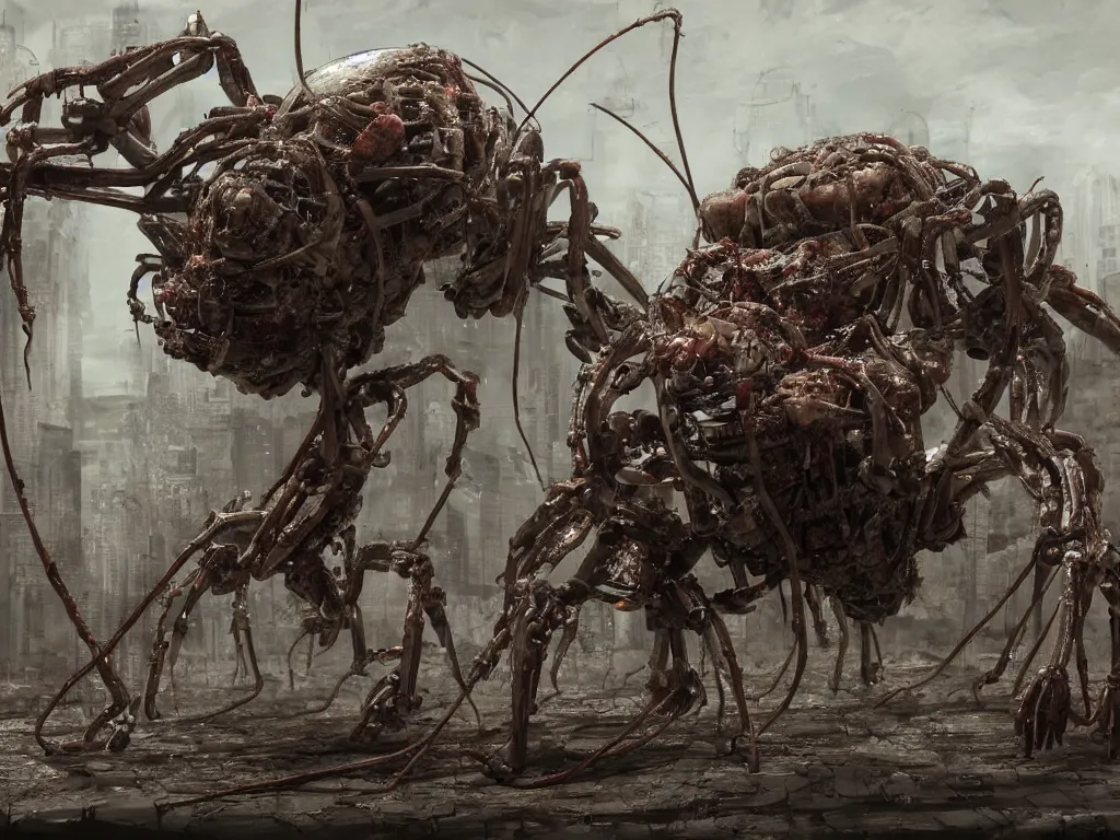 Image similar to Techno-biological meat spider panzer tank with double long barrel walks through the ruins. Consisting of tumors, veins, guts, kidneys, wires, long spider paws. Bodyhorror, biopunk, extremely high detail, ultra realistic, photorealism, concept art, octane render, view from a distance, 8k, 16k