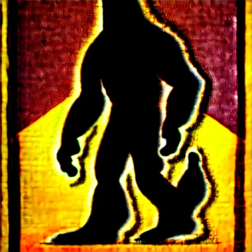 Prompt: Bigfoot, Sasquatch, Intricate, desaturated, shepard fairey, georgy kurasov, screen print, woodcut, standing male model pose, sharp, details, hyper-detailed, HD, 4K, 8K