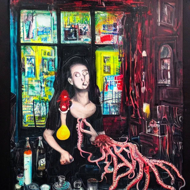 Prompt: a portrait in a dark apartment, city through a window, a female art student holding an octopus, milk puddles, berries, broken bottles, metaphysical, neo - expressionism, surrealism, acrylic and spray paint and oilstick on canvas