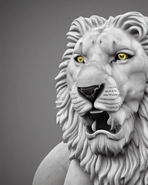 Image similar to a marble statue of a roaring lion, hyper realistic, 4 k, grainy marble, hyper detailed