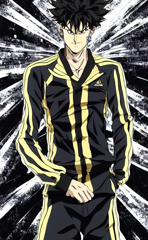 Image similar to Angry man in black Adidas tracksuit in JoJo's bizarre adventure anime style