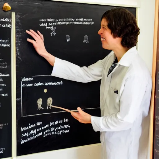 Image similar to a chimpanzee scientist teaching evolution blackboard