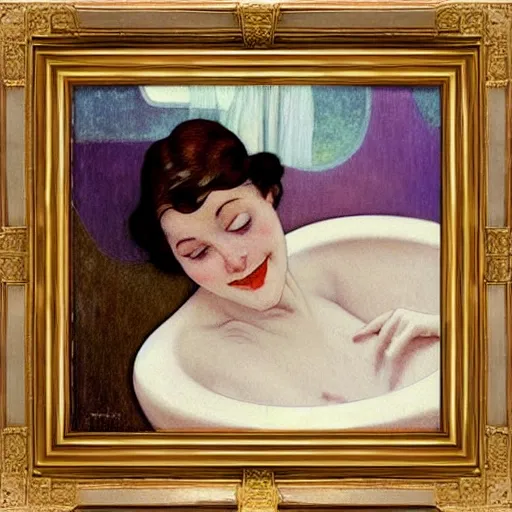 Image similar to realistic oil painting of young woman in a bathtub full of milk, smiling with her eyes closed as she washes herself, city lights from art deco window, hopper, mucha, irene patten, manara,