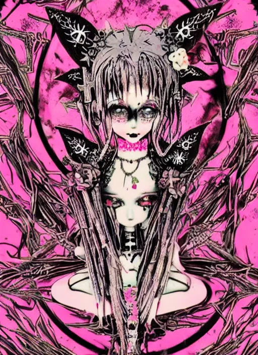 Prompt: spiked bloodmoon pixie sigil stars, goregrind album cover, baroque bedazzled gothic royalty frames surrounding a hellfire hexed witchcore aesthetic, dark vhs broken hearts, neon glyphs spiked pixelsort fairy kei decora doll, 8mm VHS footage of a japanese horror movie