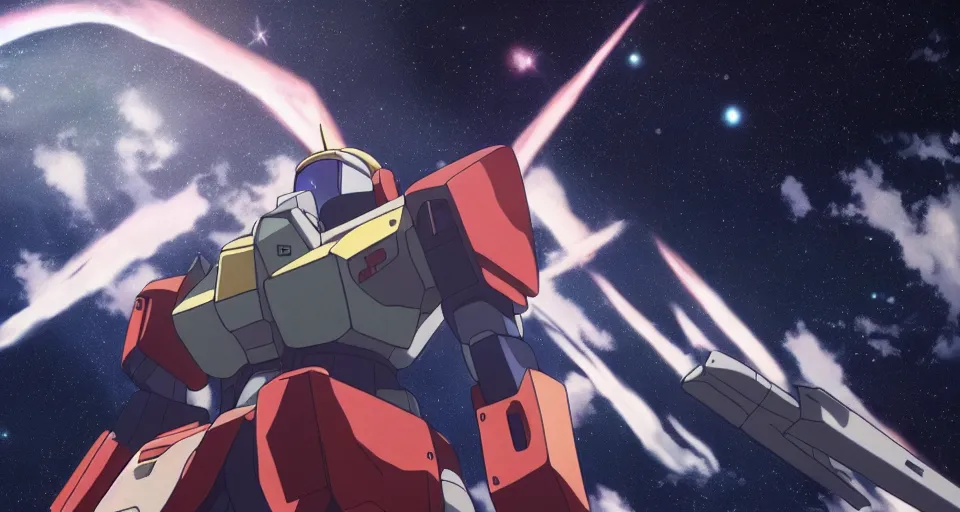 Image similar to RX-78-2 in the science fiction anime series gundam by makoto shinkai, flying through space, beautiful, interstellar, cinematic, shooting star