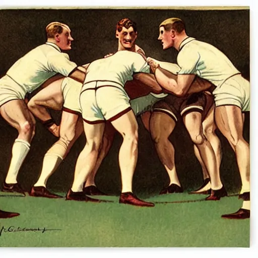 Image similar to 1920s full color illustration by J.C. Leyendecker of handsome male rugby players in a scrum on the field, rugby ball on the ground in between the handsome rugby players