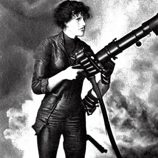 Image similar to old black and white photo, 1 9 1 3, depicting ellen ripley carrying a flamethrower, historical record