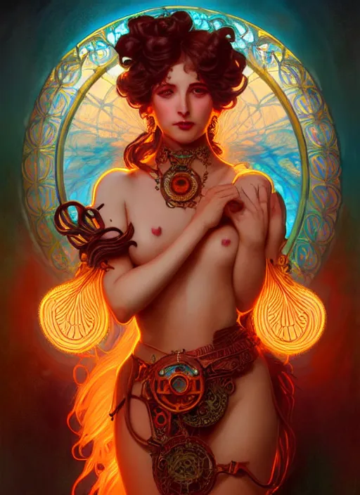 Image similar to the goddess hestia, hair of fire, full body, steampunk, glowing eyes, volumetric lights, red and cyan theme, art nouveau botanicals, intricate, highly detailed, digital painting, artstation, concept art, smooth, sharp focus, cinematic, illustration, beautiful face, art by artgerm and greg rutkowski and alphonse mucha