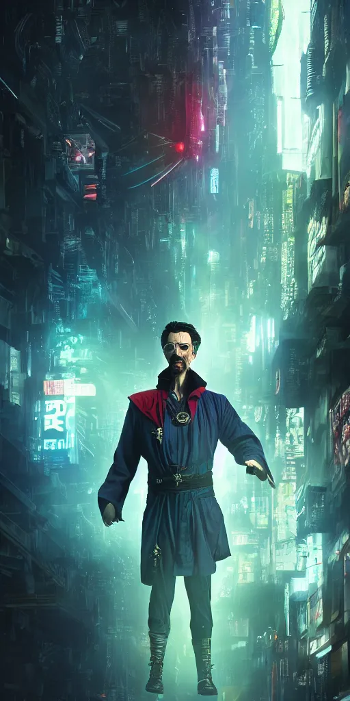 Image similar to cyberpunk, dr strange, photograph, cyborg, robot,, cinematic,