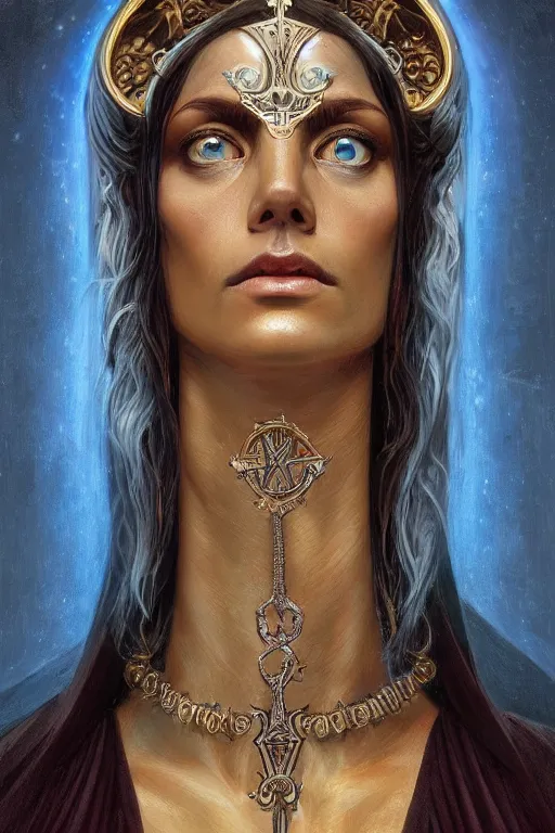 Image similar to Portrait of a Llama, D&D, blue eyes, face, fantasy, sacred halo, byzantine iconography, dark runic gothic, intricate, elegant, highly detailed, digital painting, artstation, concept art, smooth, sharp focus, illustration, art by artgerm and greg rutkowski and alphonse mucha, daily deviation