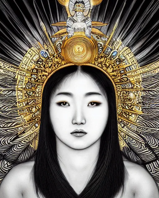 Image similar to hyper realistic portrait photo of ameterasu the sun goddess of japan, portrait shot, intricate detail