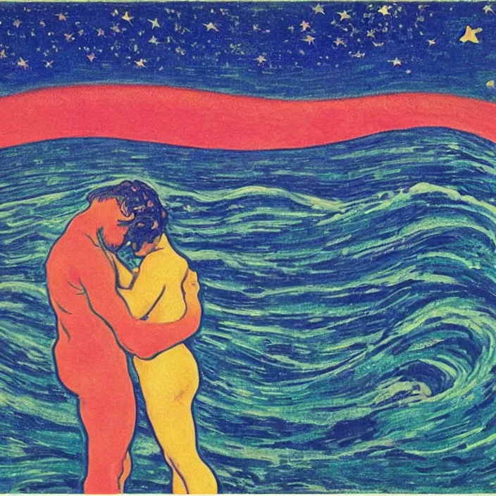 Image similar to close view of woman and man kissing. tsunami great wave, night with stars. iridescent, vivid psychedelic colors. painting by munch, rene magritte, felix vallotton, agnes pelton, egon schiele, henri de toulouse - lautrec, utamaro, monet