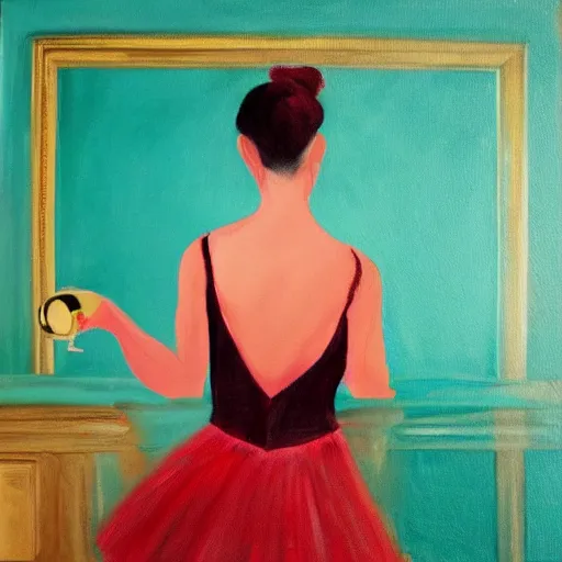 Prompt: painting of a ballerina holding wine in a teal room over a red background