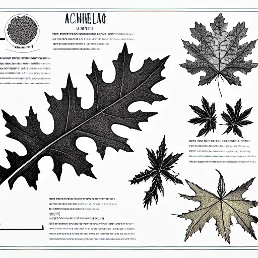 Image similar to a full page schematic diagram illustration of a hybrid between oak leaf and wine leaf, ultra detailed, 4 k, intricate, encyclopedia illustration, fine inking lines