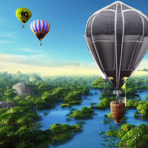 Image similar to futuristic hot air balloon house, ultra realistic, intricate details, highly detailed, photorealistic, 8 k, vegetation, water