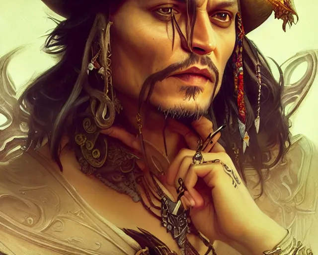 Image similar to photography of johnny depp, deep focus, d & d, fantasy, intricate, elegant, highly detailed, digital painting, artstation, concept art, matte, sharp focus, illustration, hearthstone, art by artgerm and greg rutkowski and alphonse mucha