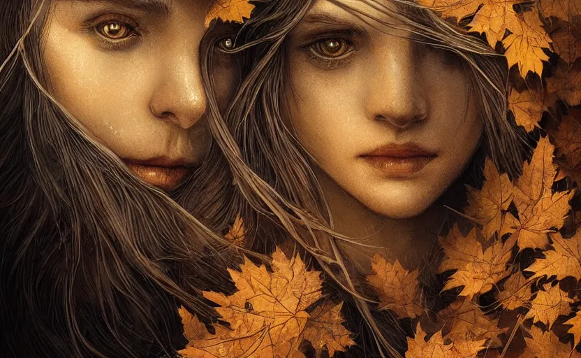 Image similar to golden leaves at frame border, creative!!! composition for a book cover!!!, absurdly beautiful, ultrafine hyperrealistic detailed old witch face by wlop and artgerm and greg rutkowski, intricate linework, sharp focus, smooth, octopath traveler, final fantasy, unreal engine, dramatic lighting, ethereal, 8 k