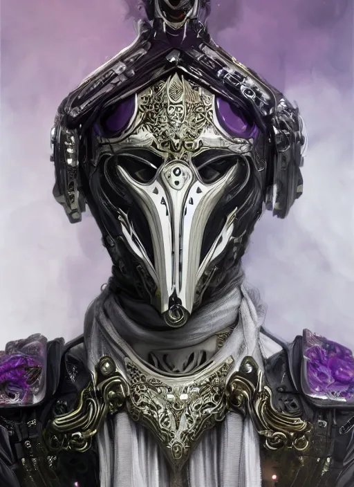 Image similar to a handsome male ornate cyborg with a white techwear mask, purple garment with art nouveau ivory accessories, dressed in black intricate lace and jewels, ethereal, misty, cyberpunk, darksynth, luxury, concept art by zeen chin, extremely detailed, artstation, andree wallin, edvige faini, alphonse mucha, 8 k, unreal engine 5