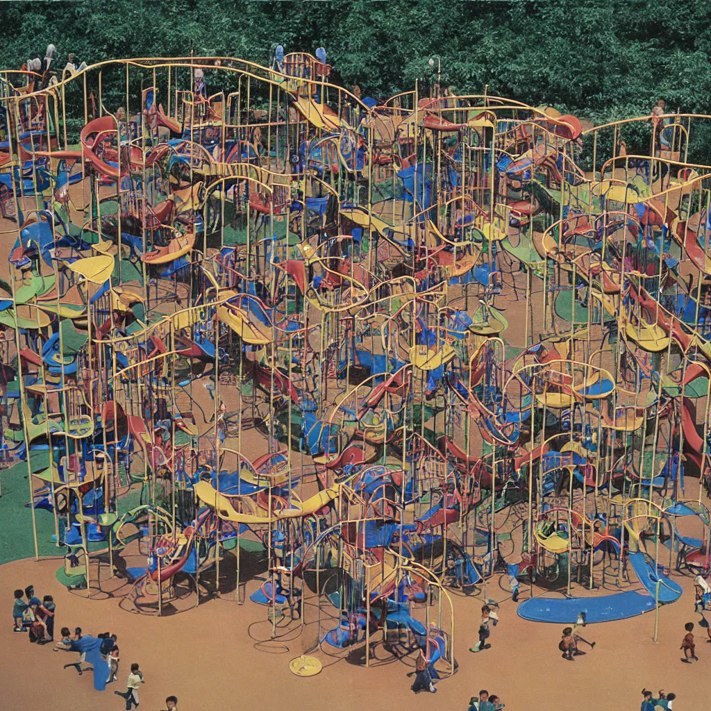 Image similar to full - color 1 9 7 0 s photo of a vast incredibly - large complex very - dense tall many - level playground in a crowded schoolyard. the playground is made of wooden planks, rubber tires, metal bars, and ropes. it has many spiral staircases, high bridges, ramps, balance beams, and metal tunnel - slides.