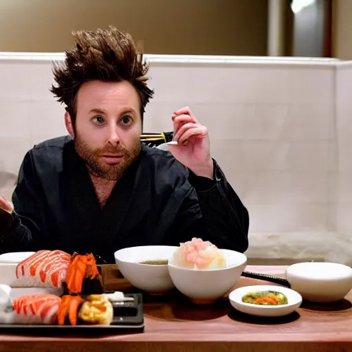 Image similar to Charlie Day eating sushi out of a white toilet bowl, realistic