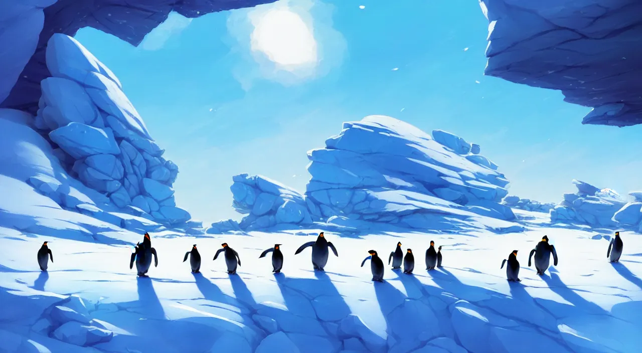 Prompt: incredible, mindblowing, man walking in antarctica with a family of penguins following, in marble incrusted of legends official fanart behance hd by jesper ejsing, by rhads, makoto shinkai and lois van baarle, ilya kuvshinov, rossdraws global illumination