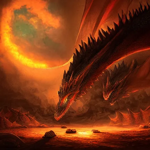 Image similar to family of dragons living in a base on the sun, digital art, highly detailed, epic composition, cinematic lighting