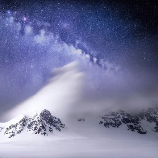 Image similar to a large snowy mountain with a night full of stars and galaxies behind it, cinematic picture