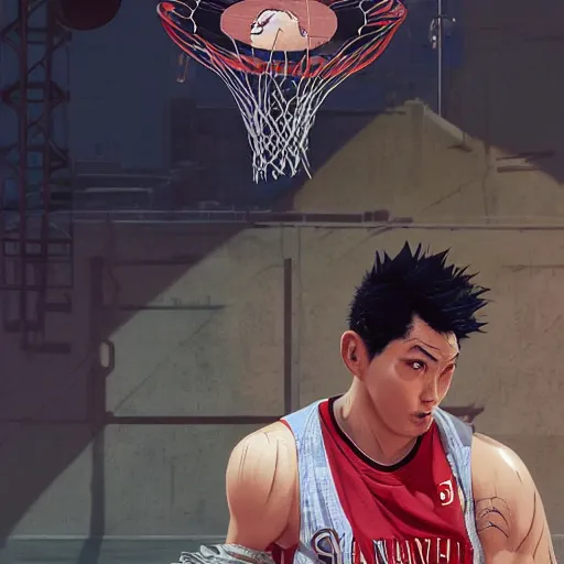 Image similar to highly detailed hanamichi sakuragi of slam dunk, in gta v, stephen bliss, unreal engine, fantasy art by greg rutkowski, loish, rhads, ferdinand knab, makoto shinkai and lois van baarle, ilya kuvshinov, rossdraws, tom bagshaw, global illumination, radiant light, detailed and intricate environment