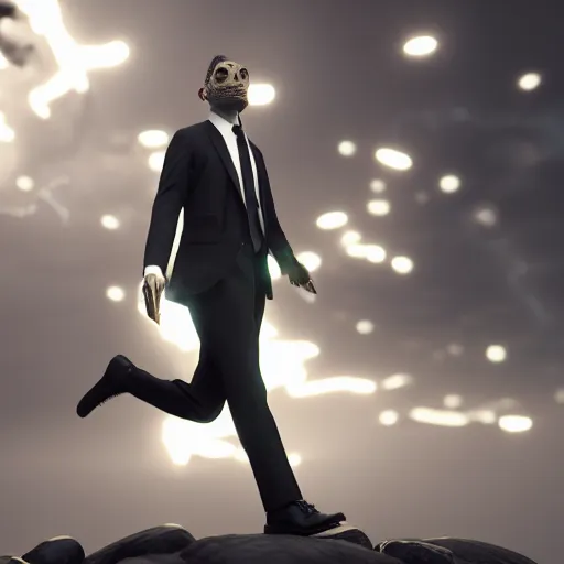 Prompt: a bussines man frog in a black suit, cinematic lightning, 8 k, octane render, art station, matte painting, trending, 8 k