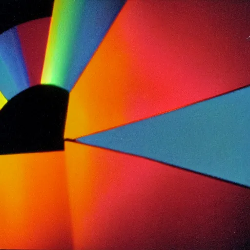 Prompt: black background, refraction light through a prism, 1970s