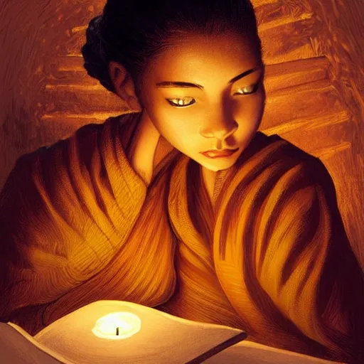 Image similar to village girl reading a book, candle light, highly detailed, digital painting, artstation, concept art, art by artgerm and Johfra Bosschart