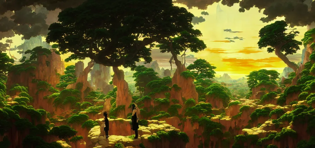 Image similar to baroque oil painting of anime key visual environment of a garden of eden in a cyberpunk world, brutalist, dark fantasy, sunset, rule of thirds, digital cel shading, fake hidden detail, trending on pixiv fanbox, style of makoto shinkai studio ghibli jamie wyeth james gilleard greg rutkowski