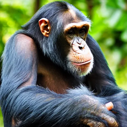 Image similar to chimpanzee grooming human, chimpanzee picking lice out of person's hair, photograph